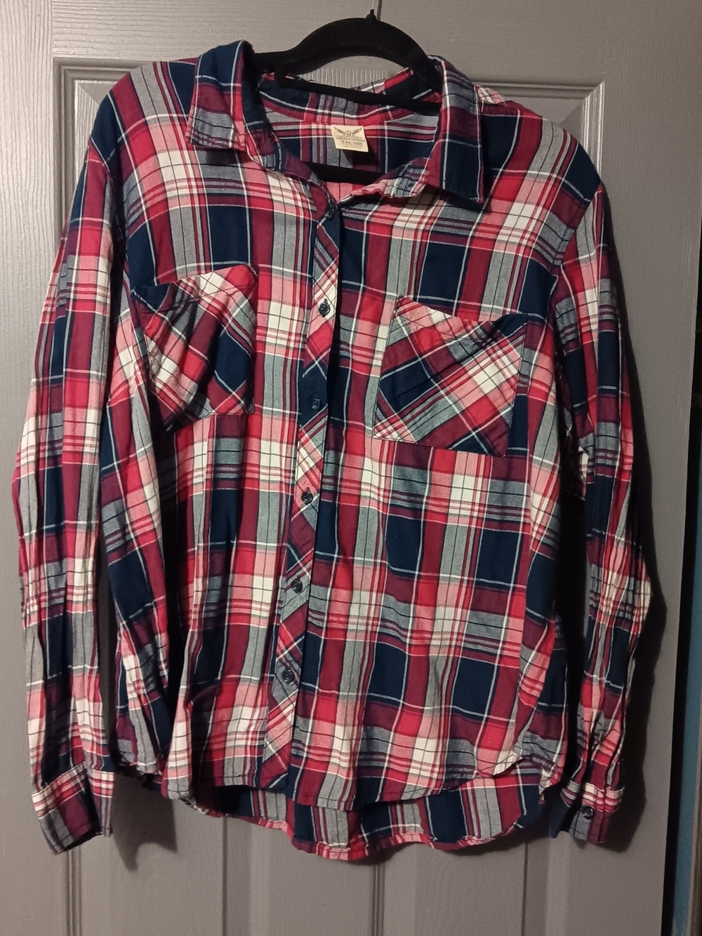 Faded Glory Red, Navy & White Plaid Button-Down Shirt - Picture 1 of 7